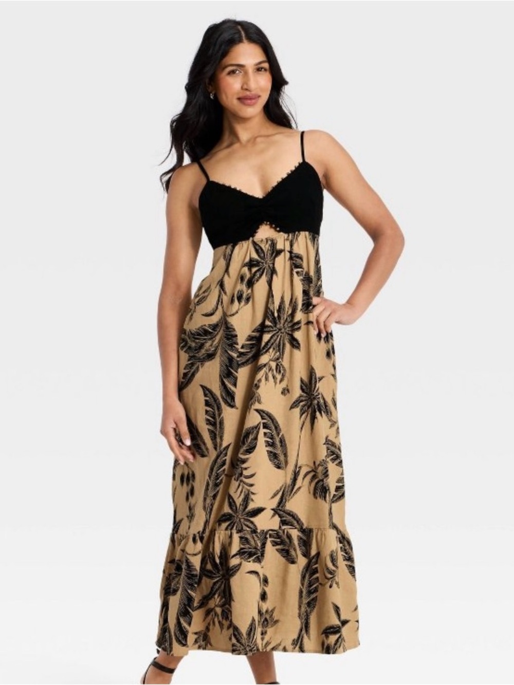 Target brand A New Day Black & Beige Palm-Print Spaghetti Strap Maxi Dress